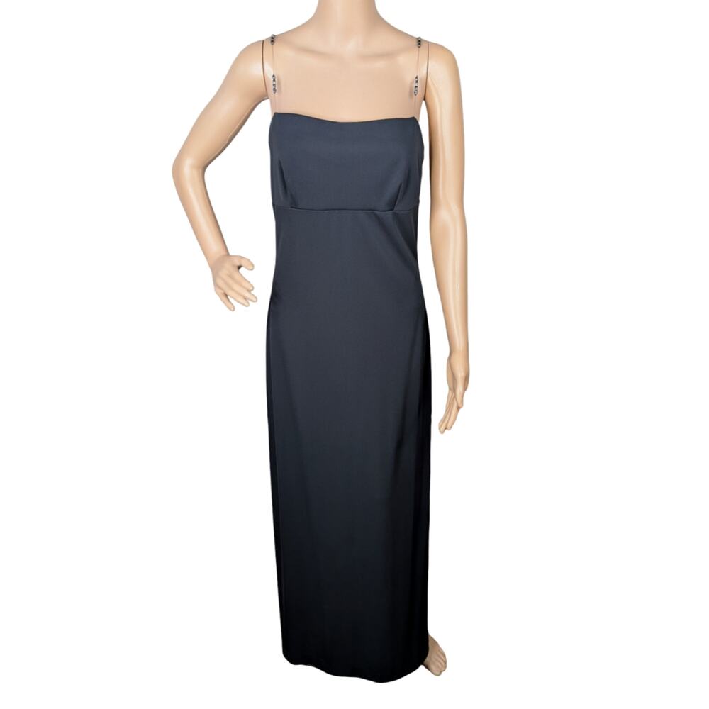 Vtg 90s Allen B Evening Black Empire Formal Side Slit Column Maxi Dress SZ 8